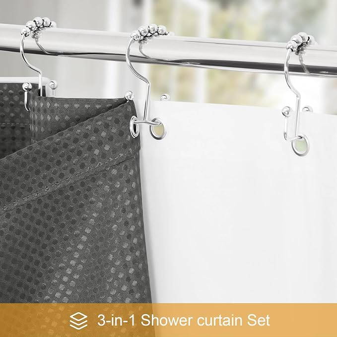 3 in 1 Long Charcoal Grey Shower Curtain Set-72 W x 78 H, Modern Waffle and - Image 2