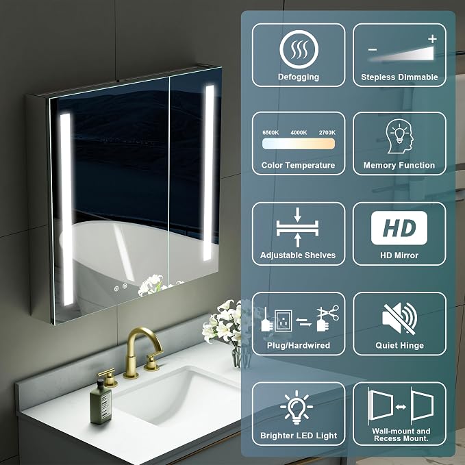 WELLFOR 36" X 30" LED Medicine Cabinet - Image 3