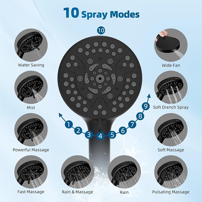 Hibbent All Metal Shower Head, 10 Sprays, Showerhead Holder, Matte Black - Image 5