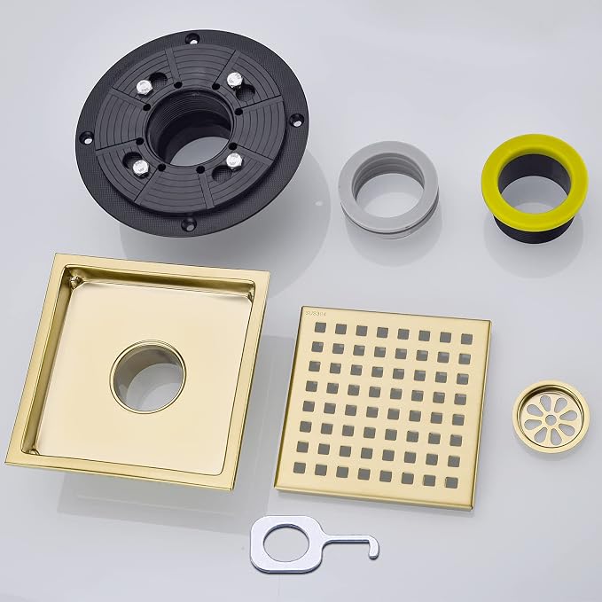 RANDOM Brushed Gold Shower Drain Square 6 Inch Shower Drain Cover Kit - Image 9