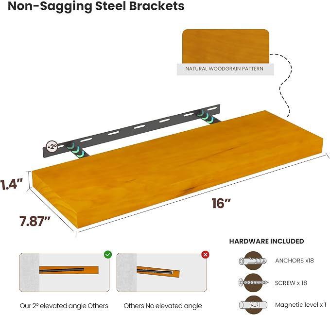 Pine Floating Wall Shelves Set of 2, 16 Inches Long x 8”x 1.4” Shelf Floating - Image 5