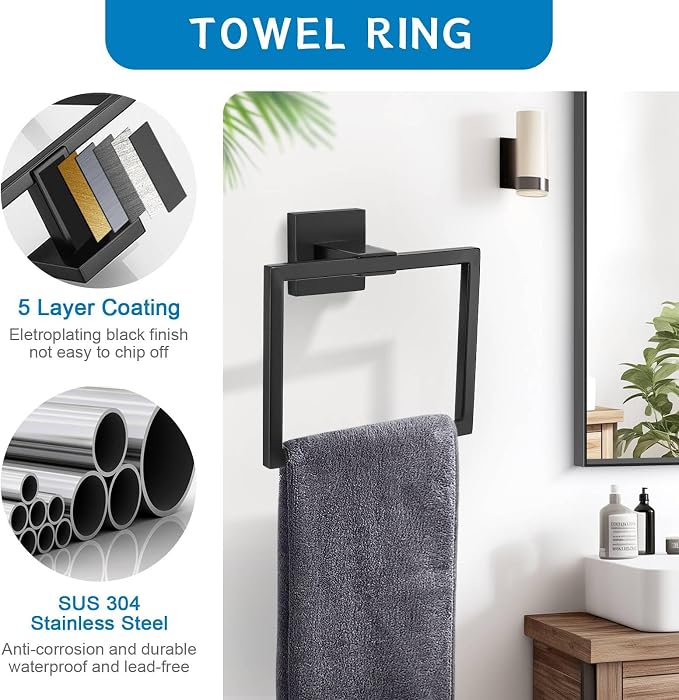 TNOMS Matte Black 10 Pieces Bathroom Hardware Accessories Set Towel Bar Set - Image 3
