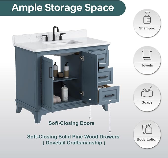 42 Inch Bathroom Vanity with Sink, Fully Assembled Solid Wood Frame Bathroom - Image 6