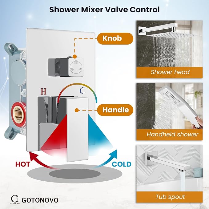 gotonovo Shower System with Tub Spout Wall Mounted Rain Shower Head and Handle - Image 3