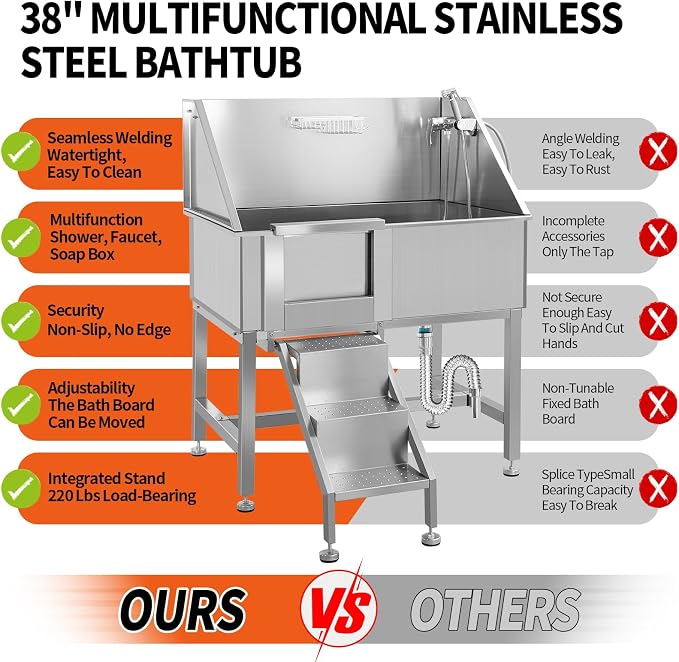 38 Inch Dog Grooming Bathtub Station, Professional Stainless Steel Wash Shower - Image 4