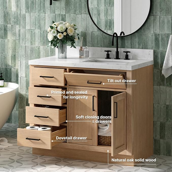 ARIEL Hepburn 42" Inch Oak Single Bathroom Vanity - Image 3