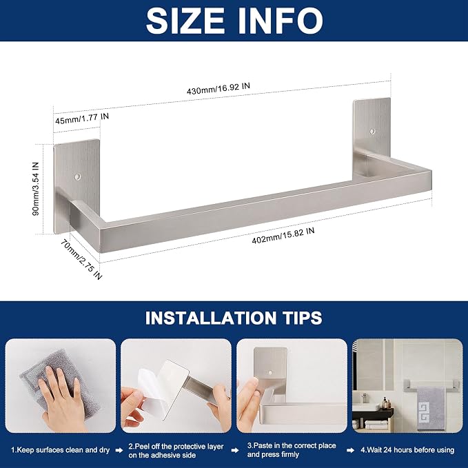 NearMoon Self Adhesive Bathroom Towel Bar, Stainless Steel Square Bath Wall - Image 2
