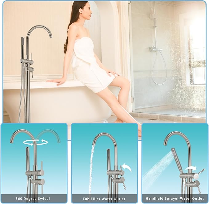 Floor Mount Bathtub Faucet，Freestanding Tub Faucet ，High Flow Dual Function 360 - Image 2