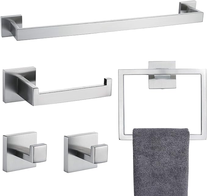 TNOMS Bathroom Towel Bar Set 5 Pieces Brushed Nickel Square Modern Bathroom by TNOMS
