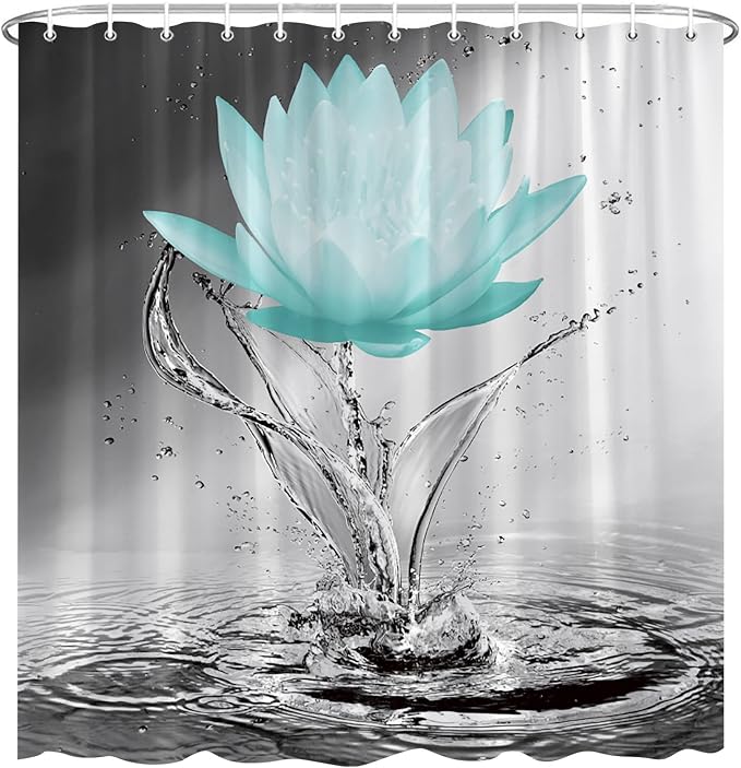 Lotus Shower Curtain Black White Grey Teal Flower Elegant Blooming Floral - Image 2
