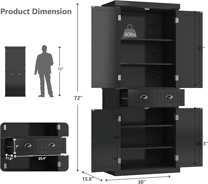 72" Kitchen Pantry, Tall Storage Cabinets - Image 3