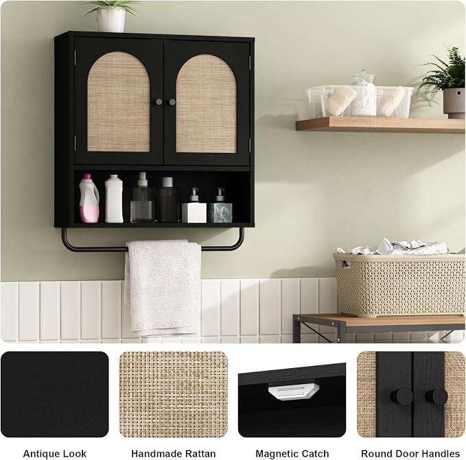 RUSTOWN Rattan Bathroom Wall Cabinet, Boho Medicine Cabinet - Image 6