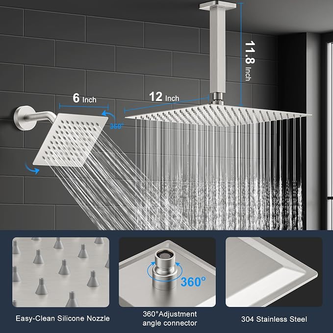 Shower Faucet Set, 3-Setting Push Button Brushed Nickel Shower System, 12 Inch - Image 4