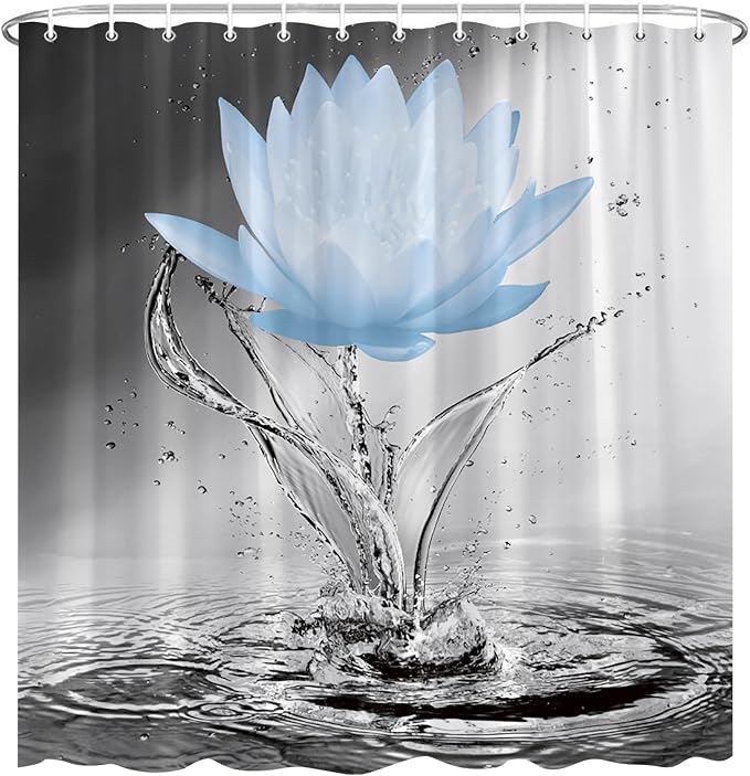 Lotus Shower Curtain Black White Grey Blue Flower Elegant Blooming Floral - Image 2