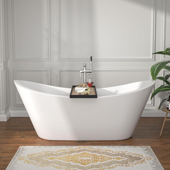 67" Freestanding Acrylic Bathtub – White Double Slipper Soaking Tub by Yurshen