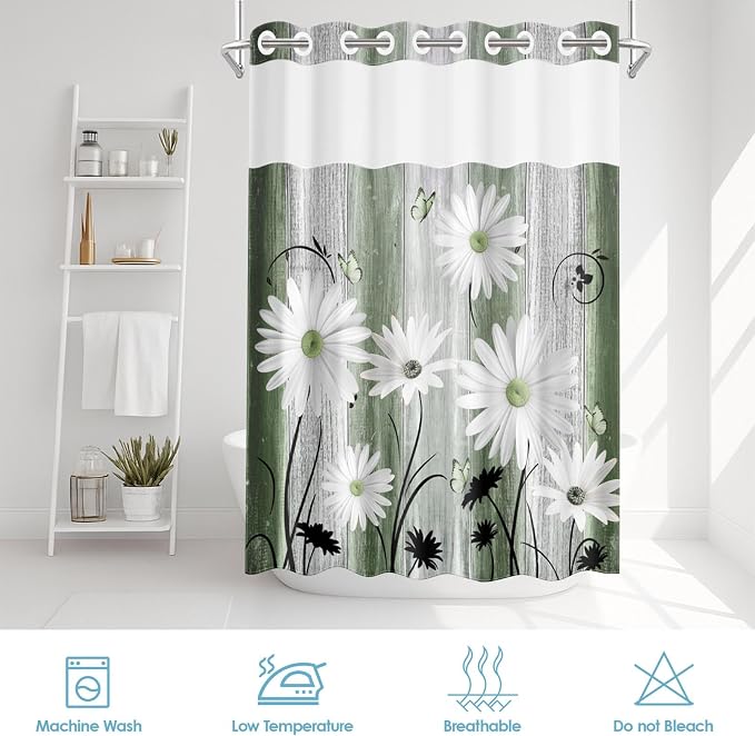 No Hook Green Daisy and Butterfly Shower Curtain - Image 6