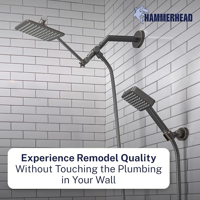 HammerHead® Solid Metal Dual Shower Head Combo — 8" Square Rain Shower Head - Image 2