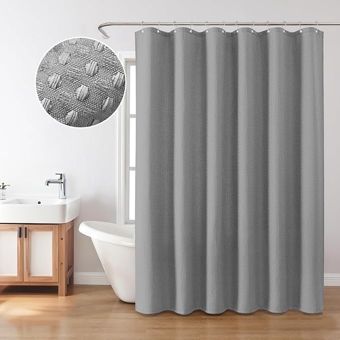 Inhousolu Fabric Shower Curtain Waffle Weave, 230 GSM Heavy Duty, Weighted Hem - Image 7
