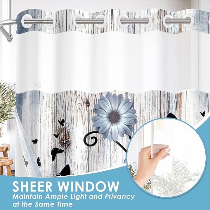 No Hook Blue Flower Shower Curtain - Image 4