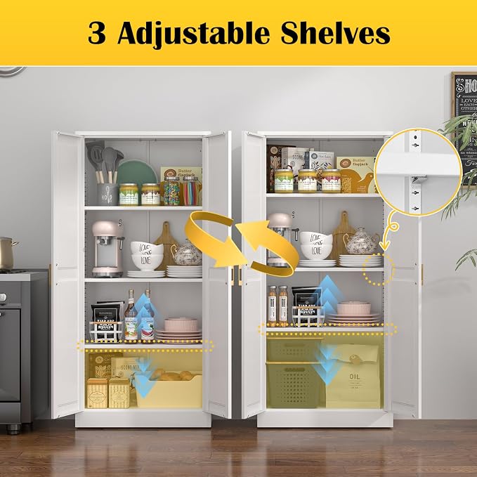 Kitchen Pantry Cabinet, 60”White Metal Pantry Storage Cabinet - Image 5