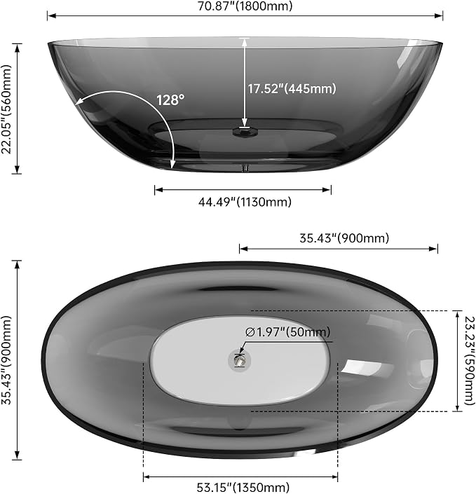 71" Premium Solid Surface Freestanding Bathtubs, Upgraded Transparent Dark Grey - Image 6