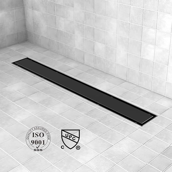 Offset Linear Shower Drain, Brushed 304 Stainless Steel Side Outlet Black - Image 7