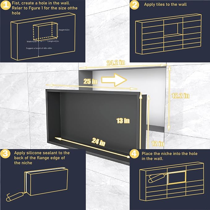 Shower Niche 24"x12"，No Tile Needed，Stainless Steel Niche Bathroom - Image 6