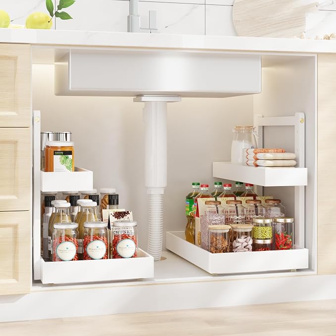 Bamboo Under Sink Organizer and Storage, 2 Tier Pull Out Cabinet Organizer by Unknown