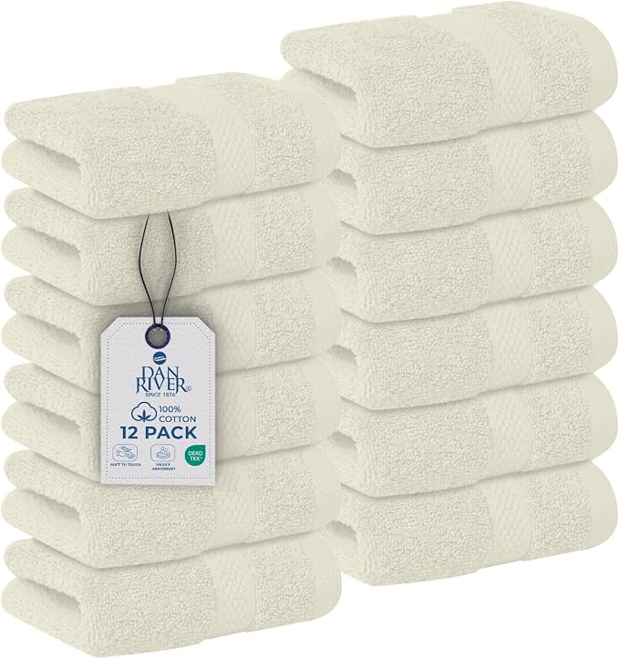 DAN RIVER 12-Pack Premium 100% Cotton Ivory Face Towels – Reusable Face Towel by DanRiver