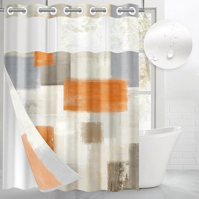 No Hook Grey Beige Orange Painting Shower Curtain by Nesphy