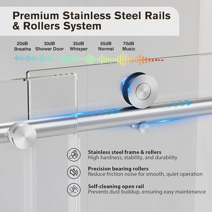Frameless Glass Shower Door, 55-60" W x 76" H Sliding Frameless Shower Door - Image 8