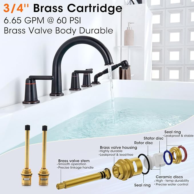 Roman Bath Tub Faucet Set with Sprayer, 5 Hole Widespread Deck Mount Bathtub - Image 4