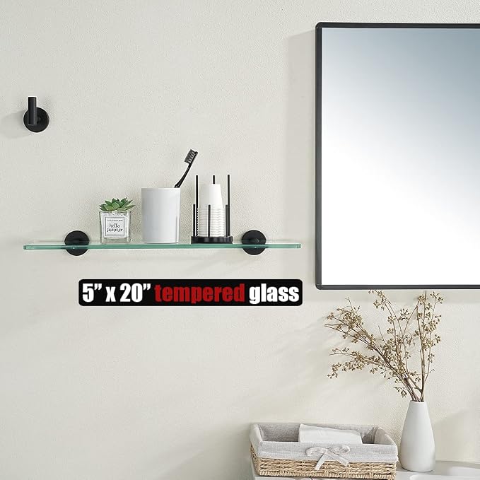 JQK Bathroom Glass Shelf Black, Tempered Glass Shower Storage 20 by 5 inches - Image 2