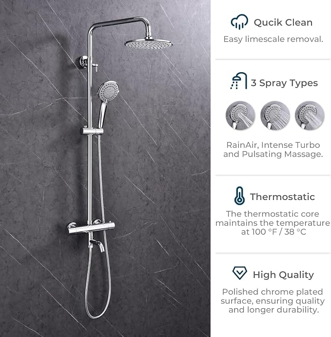 Outdoor Shower Faucet Set 8" Round Shower Head 3 Function Thermostatic Rainfall - Image 4