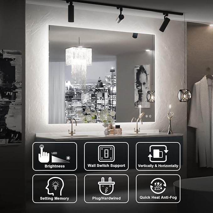 TETOTE 40 x 32 Inch LED Backlit Bathroom Vanity Mirror, Touch Button, Water - Image 8