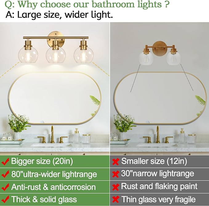 3-Light Bathroom Light Fixtures, Brushed Gold Modern Vanity Lights Over Mirror - Image 2