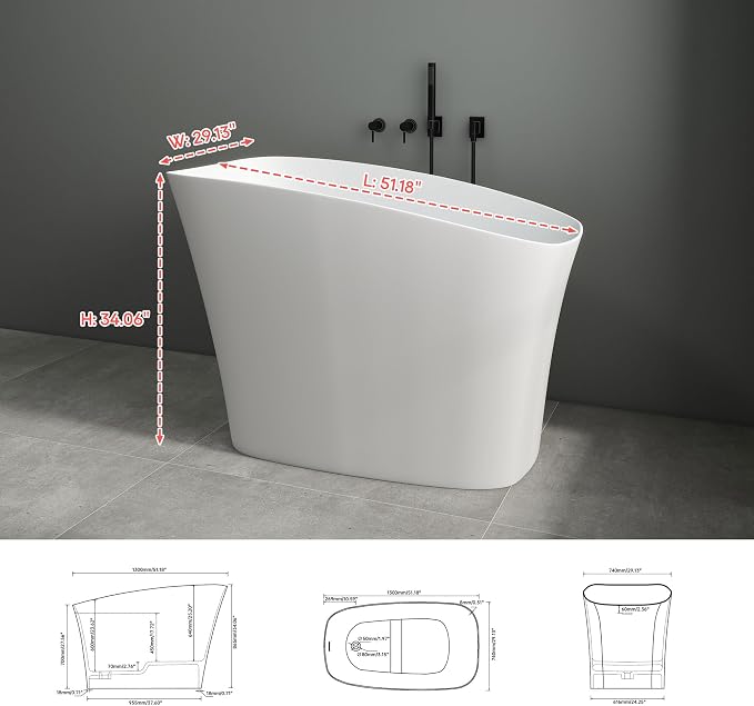 SJ Star&Jane 51" Solid Surface Japanese Soaking Bathtub Stone Resin - Image 7