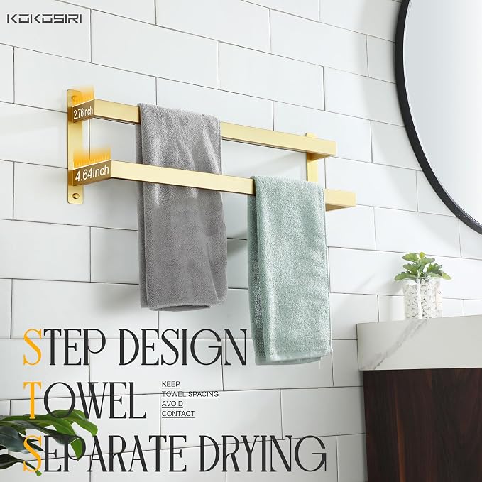 KOKOSIRI Bath Towel Bars Bathroom 2-Tiers Ladder Brushed Gold Towel Rails 24 - Image 5