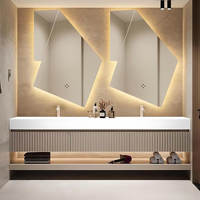 Double Basin Floating Bathroom Vanity, LED Defogging Mirror, Striped 3 Drawers by TIZAZOFashionHome