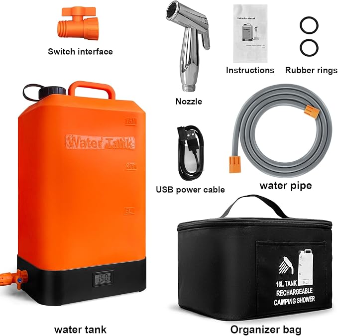 B. TAWD 4.5 Gallon Silicone Water Tank, Portable Camping Shower, USB Battery - Image 6