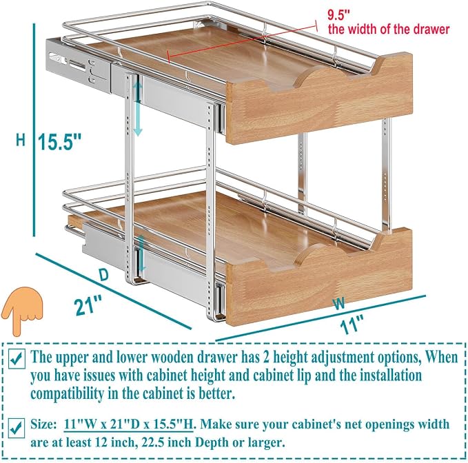 OCG Pull Out Cabinet Organizer 11" W x 21" D, 2 Tier Slide Out Shelf, - Image 3