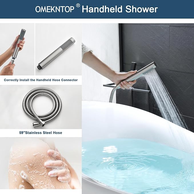 Freestanding Bathtub Faucet Floor Mount Tub Filler Brush Nickel, OMEKNTOP - Image 4