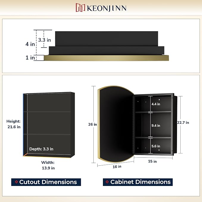 Keonjinn Medicine Cabinet 16 x 26 Inch, Surface Mount or Recessed Cabinets - Image 2