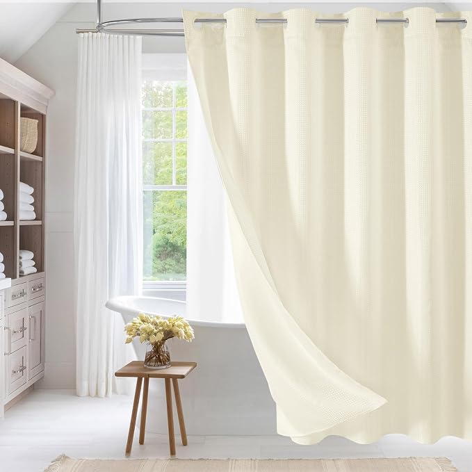 MitoVilla No Hooks Needed Ivory Waffle Shower Curtain Liner Set, Modern Waffle by MitoVilla