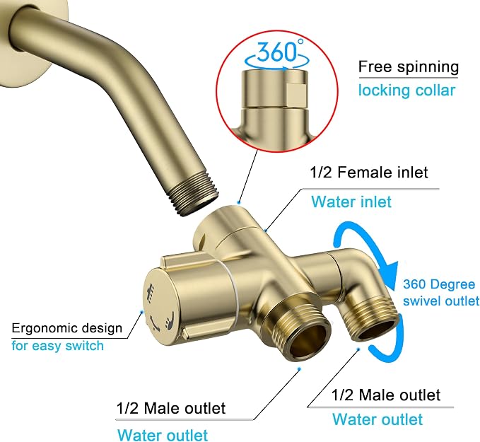Solid Brass 3-Way Shower Arm Diverter Valve - Image 2