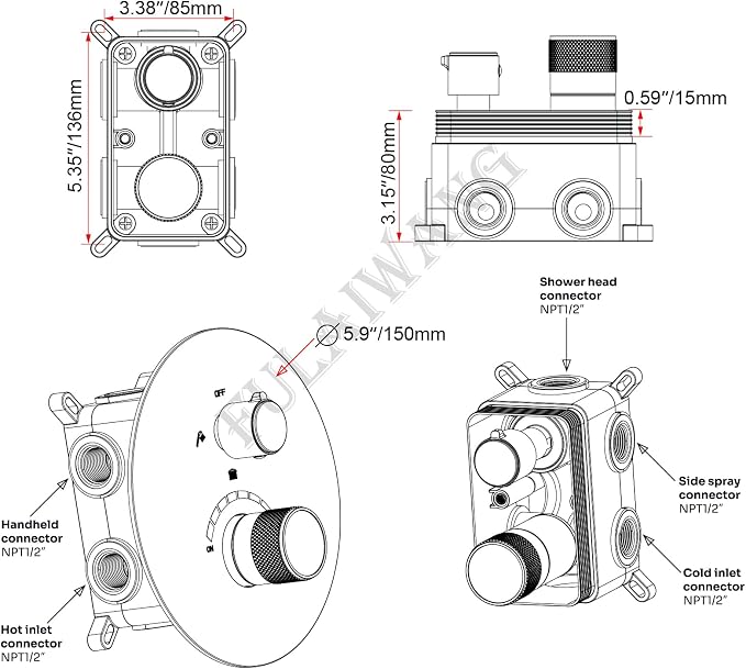 Temperature Display Shower Valve 3 Way Brass Rough-in Mixer and Round Trim Kit - Image 7