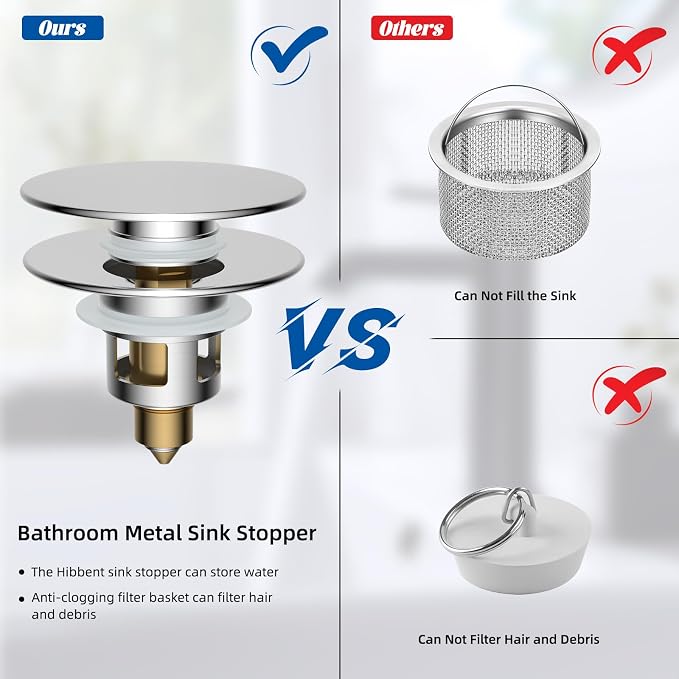 Hibbent All Metal 2 in 1 Bathroom Sink Stopper, Universal Pop Up Drain Strainer - Image 5
