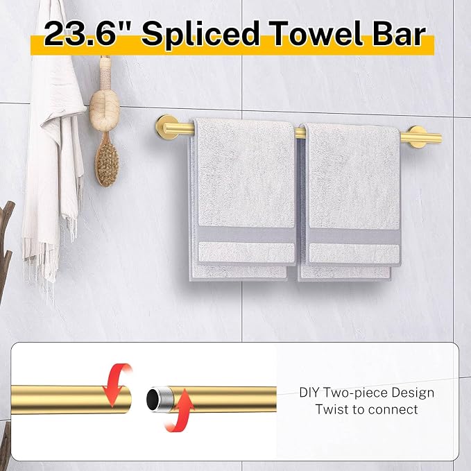 Brushed Gold Bathroom Hardware Set 5 Pieces Towel Bar Set Round Towel Holder Set - Image 2