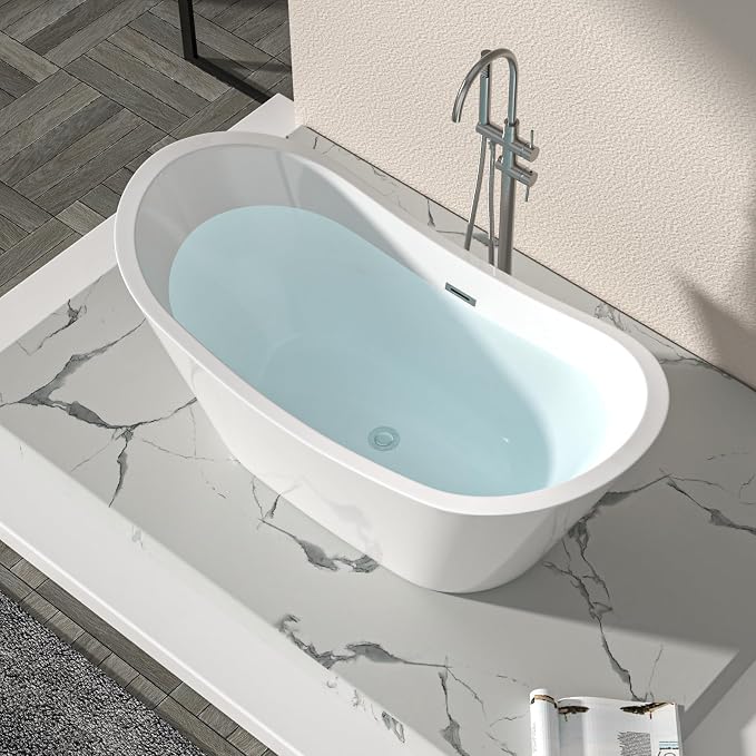 Logmey 59 Inch Freestanding Bathtub White Acrylic Oval Shape Soaking Tub - Image 2