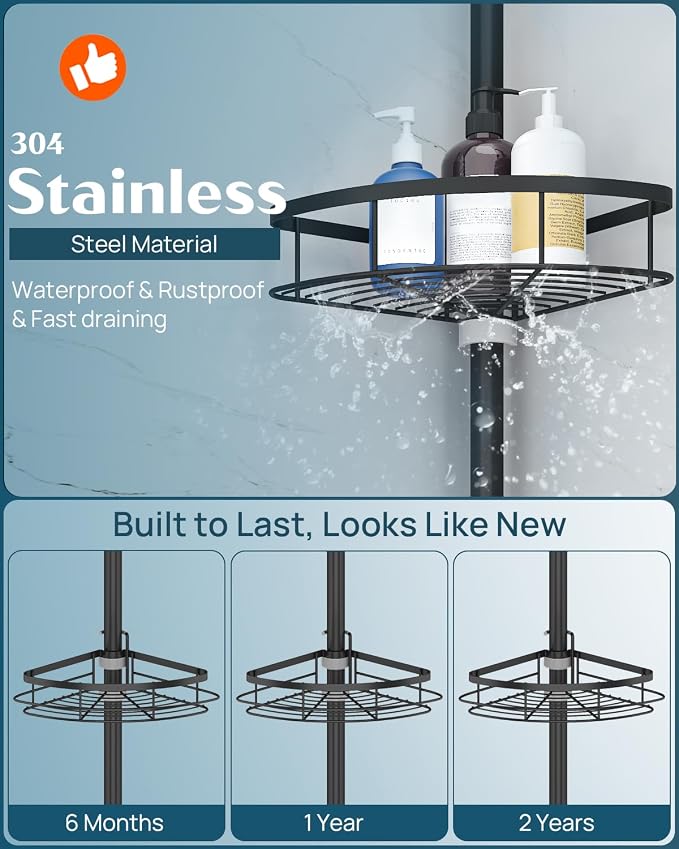 SEIRIONE Corner Shower Caddy Tension Pole, Rustproof Bathroom Shower Organizer - Image 3